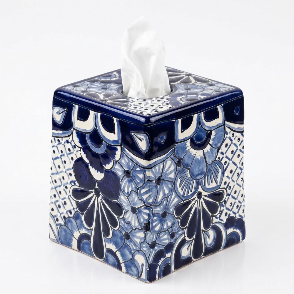 Talavera Ceramic Tissue Box Cover White Blue Hand Painted Mexico Home Decor